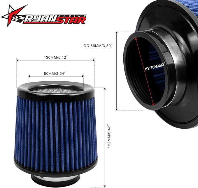 RYANSTAR RACING 76mm 3" High Flow Round Tapered Cone Cool Air Filter Cleaner with Top Filter Design Short 163mm tall Blue
