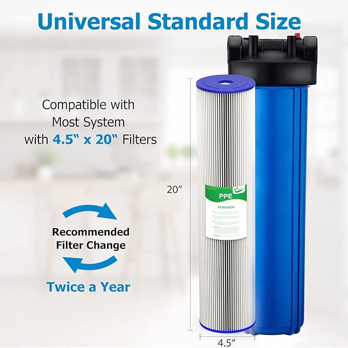 50 Micron 20-Inch Heavy Duty Whole House Water Filter Replacement Cartridge, Pleated Sediment Water Filters 4.5" x 20" for Well Water, Compatible with ECP5-20BB, R30-20BB, SPC-45-2050, 6 Pack