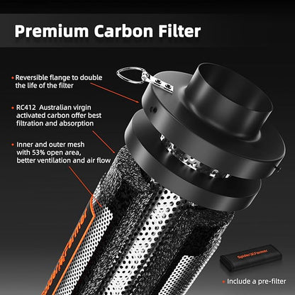 Spider Farmer Smart Air Filtration Kit 4", Inline Duct Fan, GGS Temperature Humidity Controller with App Control, Carbon Filter Combo, 13Ft Ducting, Ventilation System for Grow Tent, Hydroponics