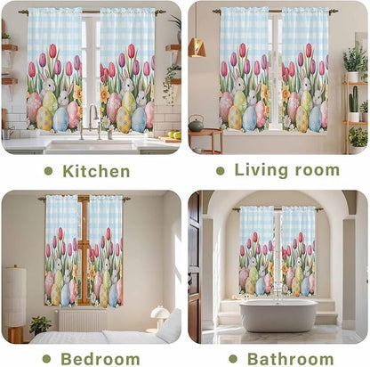Easter Window Curtains 63 Inch Long 2 Panel Set, Rod Pocket Bedroom Curtains & Drapes, Spring Bunny Colorful Eggs Tulip Flowers Blue Check Light Filtering Window Treatment for Living Room 42"W x 63"L