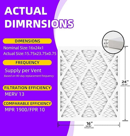 16x24x1 MERV 13 (6-Pack) Pleated Air Filter (Actual Size: 15.75"x23.75"x0.75") MPR 1900 & FPR 10, Furnace Air Filters,16x24x1 air filter