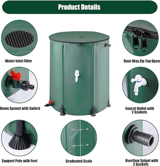THUNDERBAY 53 Gallon Collapsible Rain Barrel, Portable Rain Barrels to Collect Rainwater from Gutter, Rainwater Collection System, Water Storage Tank Catcher Container with Filter Spigot