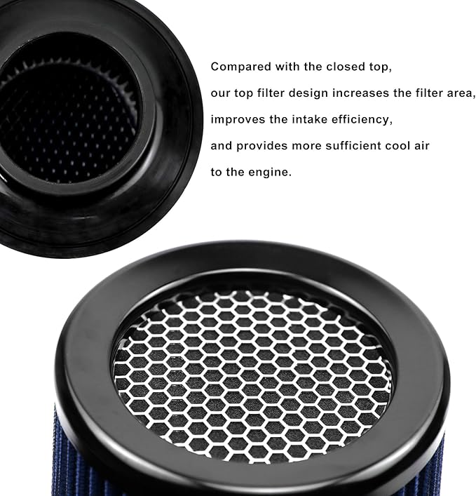 RYANSTAR RACING 76mm 3" High Flow Round Tapered Cone Cool Air Filter Cleaner with Top Filter Design Short 163mm tall Blue