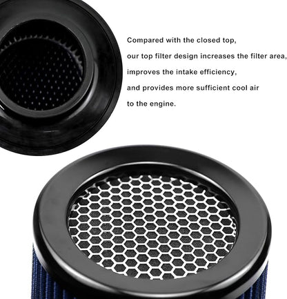 RYANSTAR RACING 76mm 3" High Flow Round Tapered Cone Cool Air Filter Cleaner with Top Filter Design Short 163mm tall Blue