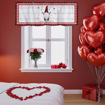 Valentine's Day Valance Curtains for Kitchen, Gnome Red Love Plaid Wood Grain Privacy Rod Pocket Valance Curtain, Light-Filtering Window Treatment for Bedroom Bathroom, 42"x18"