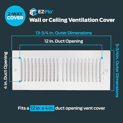 EZ-FLO 12 x 4 Inch (Duct Opening) Air Vent Cover for Wall or Ceiling, Two-Way Ventilation Register, Solid Steel HVAC Register Cover, White, 61611