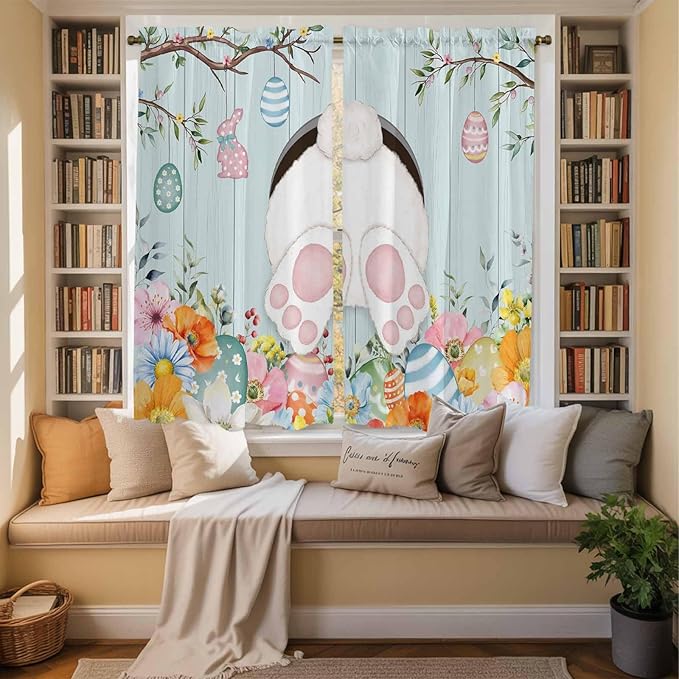 Easter Bunny Window Curtains 63 Inch Long 2 Panel Set,Rod Pocket Bedroom Curtains & Drapes,Easter Eggs Spring Farmhouse Wood Grain Teal Blue Light Filtering Window Treatment 42"W x 63"L
