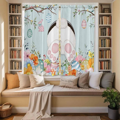 Easter Bunny Window Curtains 63 Inch Long 2 Panel Set,Rod Pocket Bedroom Curtains & Drapes,Easter Eggs Spring Farmhouse Wood Grain Teal Blue Light Filtering Window Treatment 42"W x 63"L