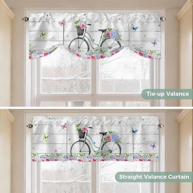 Spring Tie Up Valance Curtains for Windows, Kitchen Curtains Window Shades, Bicycles Botanical Rose Leaves Butterfly Wood Grain Light Filtering Roman Curtain Valances for Bedroom/Bathroom/Cafe 42"x18"