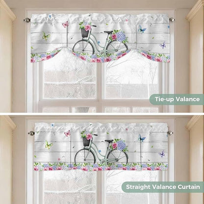 Spring Tie Up Valance Curtains for Windows, Kitchen Curtains Window Shades, Bicycles Botanical Rose Leaves Butterfly Wood Grain Light Filtering Roman Curtain Valances for Bedroom/Bathroom/Cafe 42"x18"