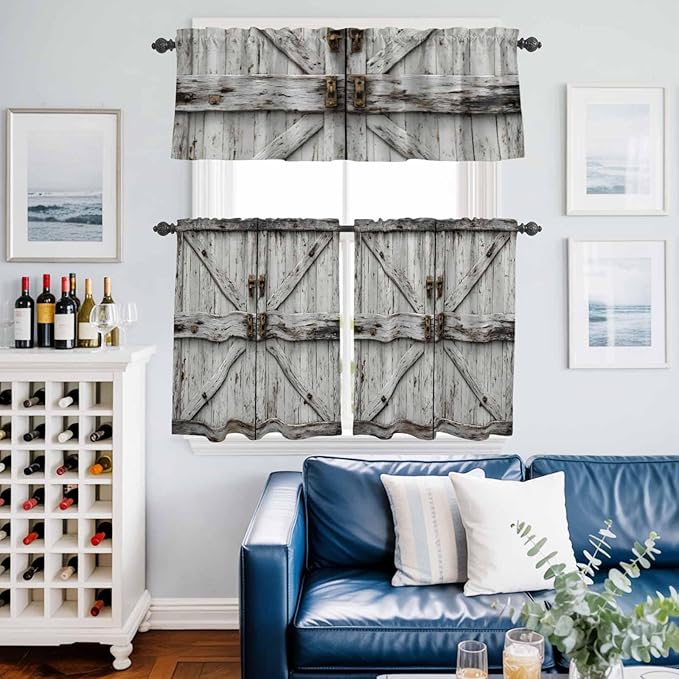 Kitchen Curtains Tiers and Valance Set of 3, Vintage Gate Light Filtering Window Curtain Set, Farmhouse Wooden Grain Shabby Chic Door Rod Pocket Curtain Drapes for Cafe, Living Room, 36 Inches Tiers