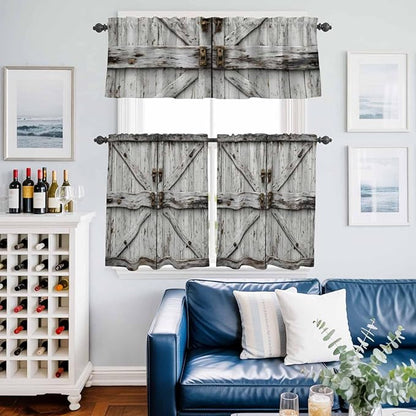 Kitchen Curtains Tiers and Valance Set of 3, Vintage Gate Light Filtering Window Curtain Set, Farmhouse Wooden Grain Shabby Chic Door Rod Pocket Curtain Drapes for Cafe, Living Room, 36 Inches Tiers