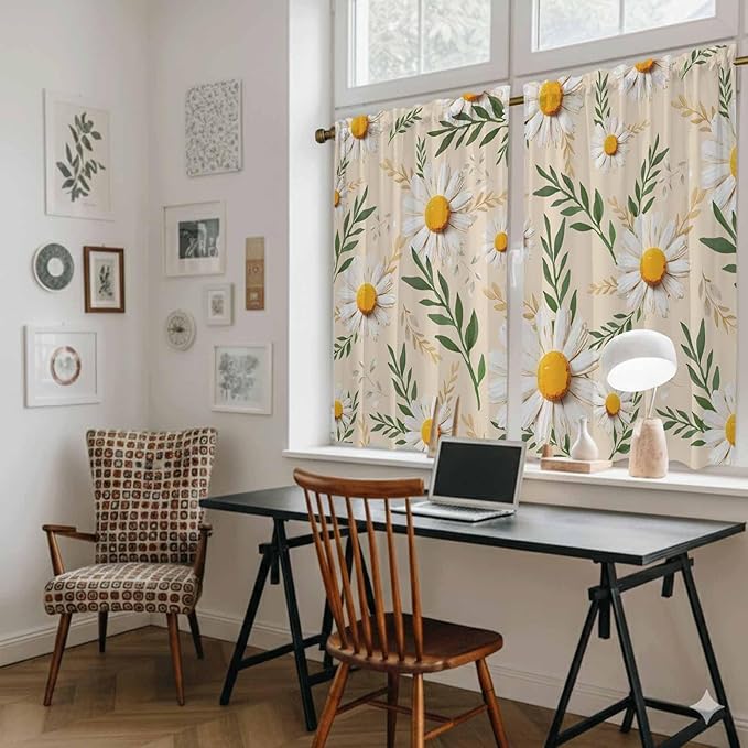 Spring Daisy Kitchen Curtains, Country Watercolor Flower Leaf Plant Light Filtering Window Curtain Panels, 2Pcs Rod Pocket Window Treatments Set for Study Room Bathroom Bedroom 52x54 Inches