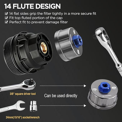 WORKPRO Oil Filter Wrench for Toyota Lexus..., 64mm 14 Flute Precision CNC Machined Aluminum Oil Filter Removal Tool for Toyota Camry, Tundra, Tacoma, 4Runner, RAV4 and More