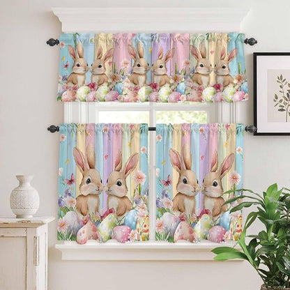 Easter Kitchen Curtains Set 3 Piece for Windows, Rod Pocket Valance and Tier Set 36 Inch Length, Spring Bunny Eggs Botanical Floral Wooden Grain Light Filtering Cafe Curtains for Living Room Bathroom