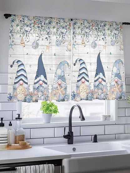 Sheer Curtains 45 Inch Length, Coastal Eucalyptus Leaf Semi Sheer Curtains Light Filtering Window Treatment, Ocean Blue Gnomes Starfish Wood Grain Privacy Voile Drapes for Living Room 52x45 Inch