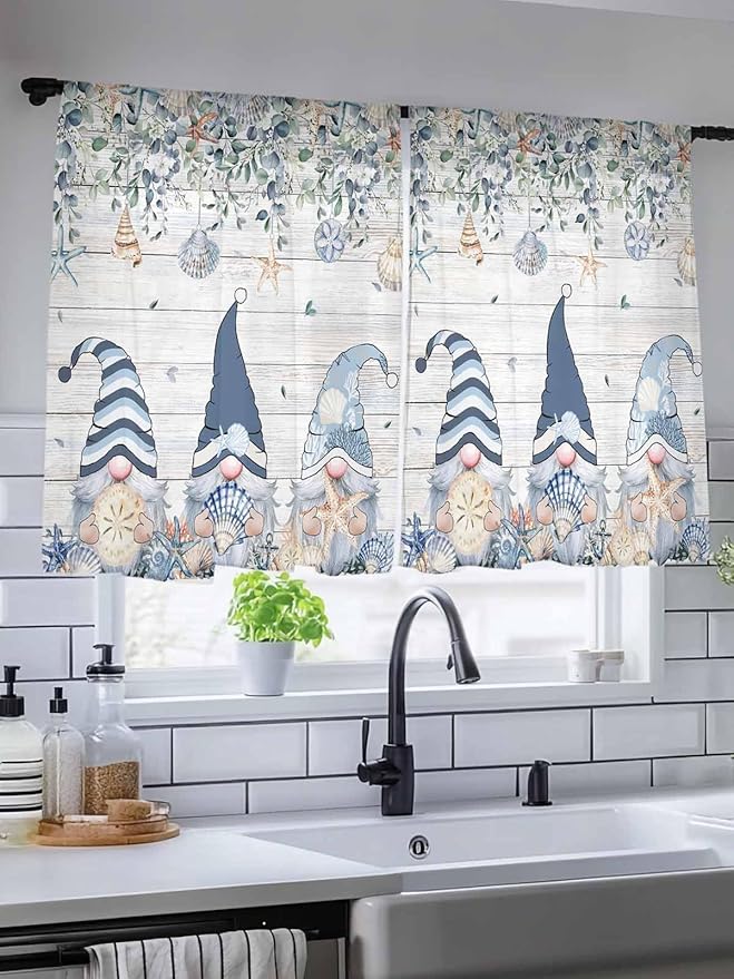 Sheer Curtains 54 Inch Length, Coastal Eucalyptus Leaf Semi Sheer Curtains Light Filtering Window Treatment, Ocean Blue Gnomes Starfish Wood Grain Privacy Voile Drapes for Living Room 52x54 Inch