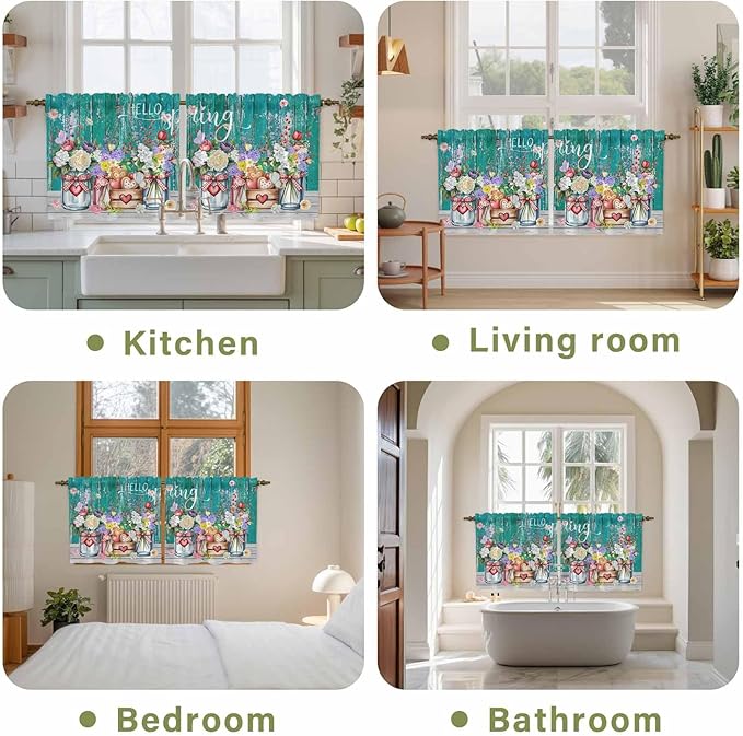 Spring Flowers Tier Curtains, Farmhouse Watercolor Teal Wood Grain Light Filtering Kitchen Curtains, 2Pcs Rod Pocket Half Window Treatments Panels for Sink Cafe Cabinet Camper 27.5x36 Inches