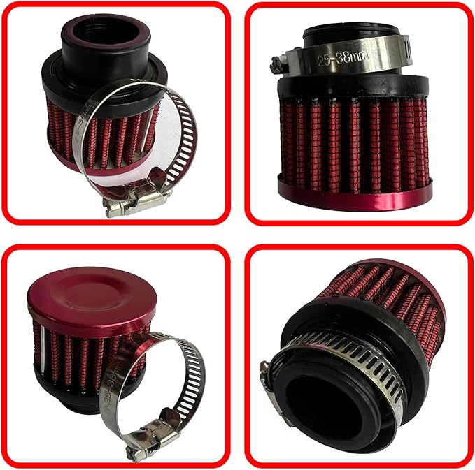 25mm Universal Air Intake Filter, 1" Intake Cold Air Filter, Auto Breathe Filter Vent Crankcase Cleaner with Adjustable Clamp-On Breather, Fits Car Motorcycle (Red)