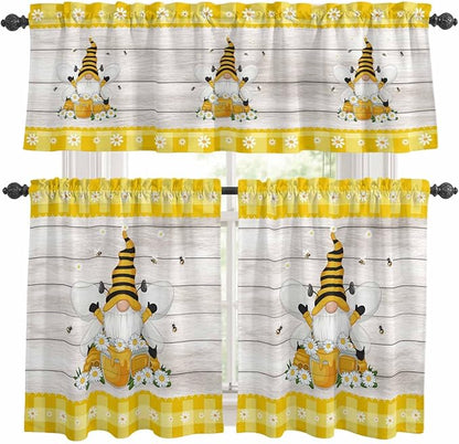 Yellow Gnomes Kitchen Curtains Set 3 Piece for Windows, Rod Pocket Valance and Tier Set 36 Inch Length, Spring Bees Daisy Plaid Wooden Grain Light Filtering Cafe Curtains for Living Room Bathroom