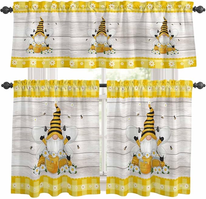 Yellow Gnomes Kitchen Curtains Set 3 Piece for Windows, Rod Pocket Valance and Tier Set 24 Inch Length, Spring Bees Daisy Plaid Wooden Grain Light Filtering Cafe Curtains for Living Room Bathroom