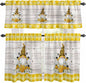 Yellow Gnomes Kitchen Curtains Set 3 Piece for Windows, Rod Pocket Valance and Tier Set 24 Inch Length, Spring Bees Daisy Plaid Wooden Grain Light Filtering Cafe Curtains for Living Room Bathroom