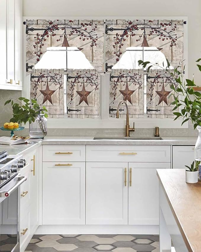 Village Stars Swag Kitchen Curtains Valance and Tier Set, Vintage Rust Yellow Star Berry Beige Barn Doors Light-Filtering Swag Valance 24 Inch Length, Rod Pocket Short Curtain for Bedroom Cafe