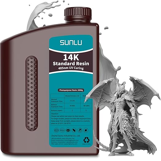 SUNLU 14K High Precision 3D Printer Resin 2KG, Standard 3D Printing Resin for Detail Printing Miniatures, Fast Curing 405nm UV Photopolymer Resin, Smooth Matte Surface, 2000G Grey
