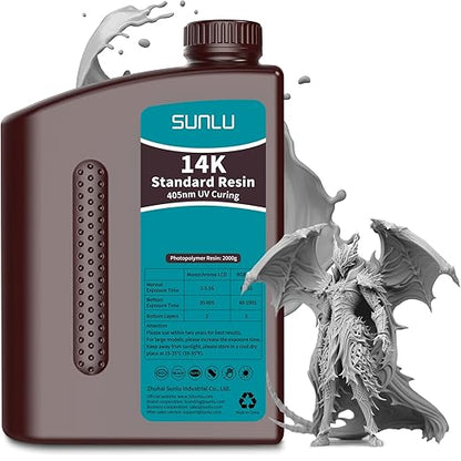 SUNLU 14K High Precision 3D Printer Resin 2KG, Standard 3D Printing Resin for Detail Printing Miniatures, Fast Curing 405nm UV Photopolymer Resin, Smooth Matte Surface, 2000G Grey