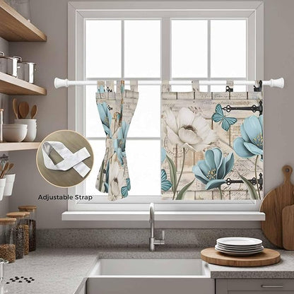 Teal Blue Tulips Kitchen Curtains 36 Inch Length, Small Window Curtains Tab Top, Spring Floral Barn Doors Vintage Wood Beige Light Filtering Short Window Treatments Tier Drapes 27.5"x36" 2 Panel