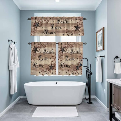 Kitchen Curtains Tiers and Valance Set of 3, Farmhouse Star Brown Light Filtering Window Curtain Set, Retro Branches Berry Wooden Grain Rod Pocket Curtain Drapes for Cafe, Living Room, 24 Inches Tiers