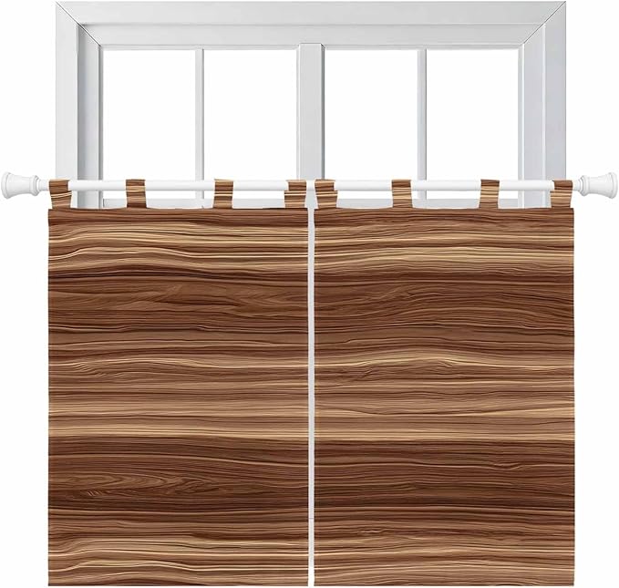 Brown Western Kitchen Curtains 45 Inch Length, Short Cafe Window Curtains Tab Top, Vintage Farmhouse Wood Barn Door Light Filtering Window Treatments Tier Drapes 27.5"x45" 2 Panel