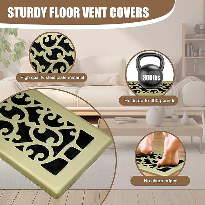 2 Packs Floor Vent Air Register 4X10 Inch Brushed Gold Color Floor Register Vents Heavy Duty Walkable Steel Floor Register Easy Adjust