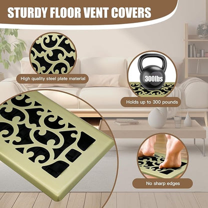 2 Packs Floor Vent Air Register 4X10 Inch Brushed Gold Color Floor Register Vents Heavy Duty Walkable Steel Floor Register Easy Adjust