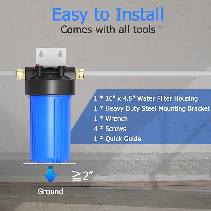 WHB10 Whole House Water Filter Housing, Fit 10"x4.5" Sediment etc Filters for Well and City Water, Big Filter Blue Pre-Filtration System for Home, 1" NPT Port, Pressure Release