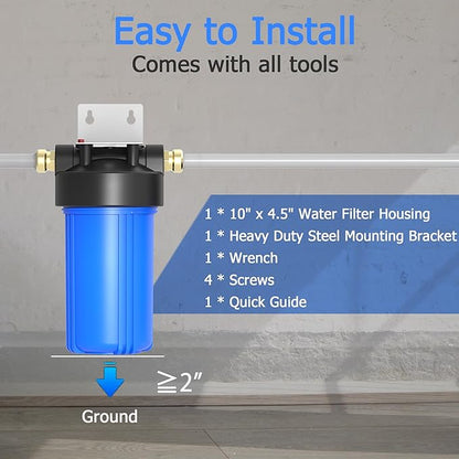 WHB10 Whole House Water Filter Housing, Fit 10"x4.5" Sediment etc Filters for Well and City Water, Big Filter Blue Pre-Filtration System for Home, 1" NPT Port, Pressure Release