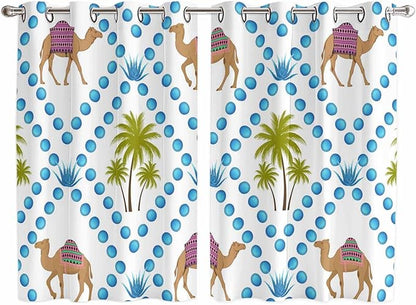 2 Panel Kitchen Cafe Curtains, Camels Palm Trees Sunlight Filtering Nature Air Through, Home Decor Window Covering Tier Curtains for Living Room 104W x 63L inch Tropical Desert Animal Plants Polka Dot