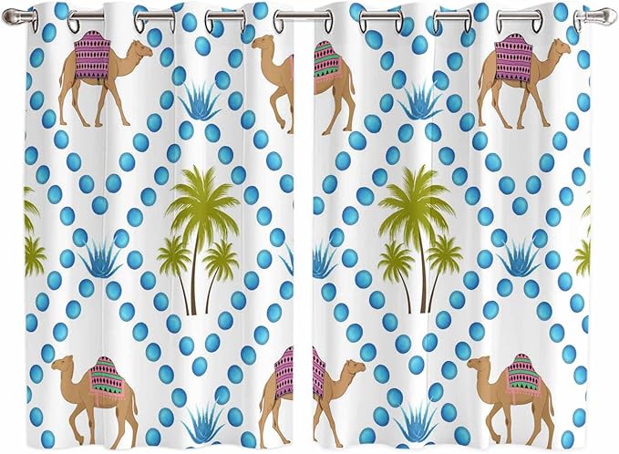 2 Panel Kitchen Cafe Curtains, Camels Palm Trees Sunlight Filtering Nature Air Through, Home Decor Window Covering Tier Curtains for Living Room 104W x 72L inch Tropical Desert Animal Plants Polka Dot