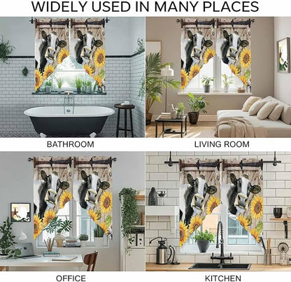 Retro Farmhouse Flower Swag Valances for Windows, Yellow Sunflowers Cow Barn Doors Brown Rod Pocket Kitchen Curtains Valance, Kitchen Window Curtains Swag for Cafe Living Room, 2 Panels, 36x63 inch