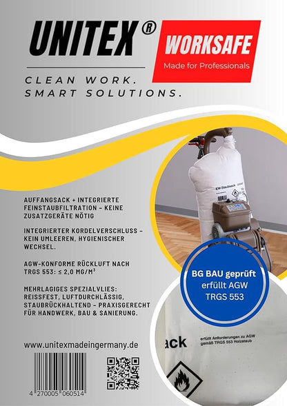 5-Pack UNITEX® WORKSAFE 16-20 Gal Disposable Filter Bags – 2-in-1 System for Construction Vacs with 2-2.5" Inlet – OSHA/H-Class Compliant – Heavy-Duty Fleece for Floor Sanders, Wood Dust & Jobsite