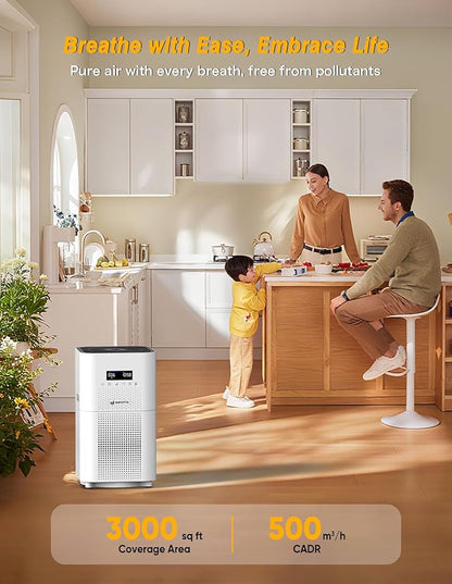 Dayette Air Purifiers for Home Large Room up to 3000 Sq Ft, CARD Upgrade to 500 m³/h H14 Ture Hepa Air Filter, Air Purifier with Air Quality Monitor, 22dB Sleep Mode for Bedroom, Living Room