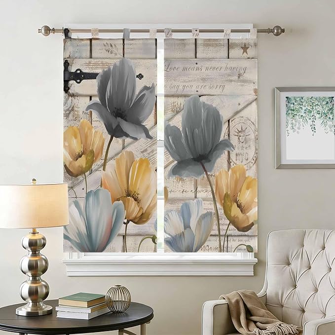 Spring Tulips Flower Bedroom Curtains 72 Inch Length, Window Curtains Tab Top, Vintage Floral Barn Doors Rustic Beige Light Filtering Window Treatments Drapes 52"x72" 2 Panel