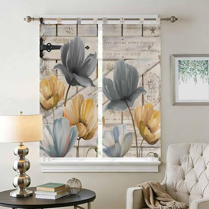 Spring Tulips Flower Bathroom Curtains 63 Inch Length, Window Curtains Tab Top, Vintage Floral Barn Doors Rustic Beige Light Filtering Window Treatments Drapes 52"x63" 2 Panel