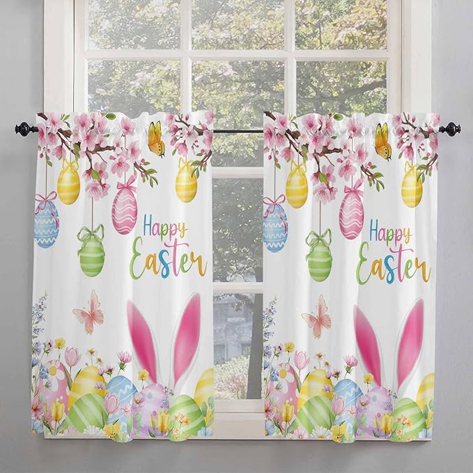 Happy Easter Tier Curtains 45 Inches Long, Spring Watercolor Bunny Eggs Flower Branch Window Treatment Curtain Drapes, Window Half Privacy Curtains for Bedroom Bathroom, 42"x45", 2 Panels