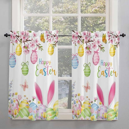 Happy Easter Tier Curtains 45 Inches Long, Spring Watercolor Bunny Eggs Flower Branch Window Treatment Curtain Drapes, Window Half Privacy Curtains for Bedroom Bathroom, 42"x45", 2 Panels