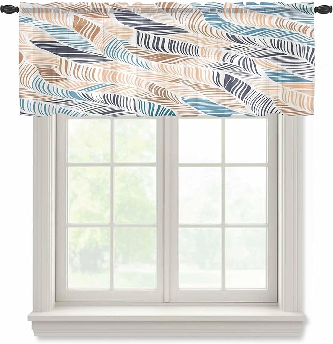 Abstract Stripes Sheer Valance Curtains, Brown Blue Gradient Wavy Lines Leaf Texture Light Filtering Kitchen Valances Rod Pocket Voile Curtain Window Treatment for Bedroom/Living Room/Basement 42Wx12L