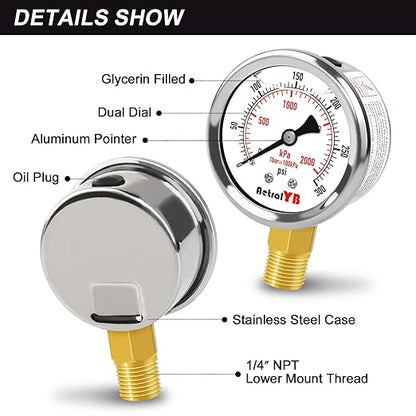 0-300 PSI Heavy-Duty Pressure Gauge, 2-Inch, Glycerin-Filled, Stainless Steel, 1/4" NPT Lower Mount, Shock-Resistant, Waterproof Pressure Meter for Oil Systems, Water Pumps, HVAC Applications