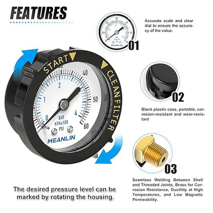 MEANLIN MEASURE 0~60Psi 1/4" NPT Start and Clean Filter Pressure Gauge, Suitable for Swimming Pool, Spa, Aquarium, Center Back Mount(Pack of 2), with 1/2" NPT and 3/8" NPT Hex Bushing