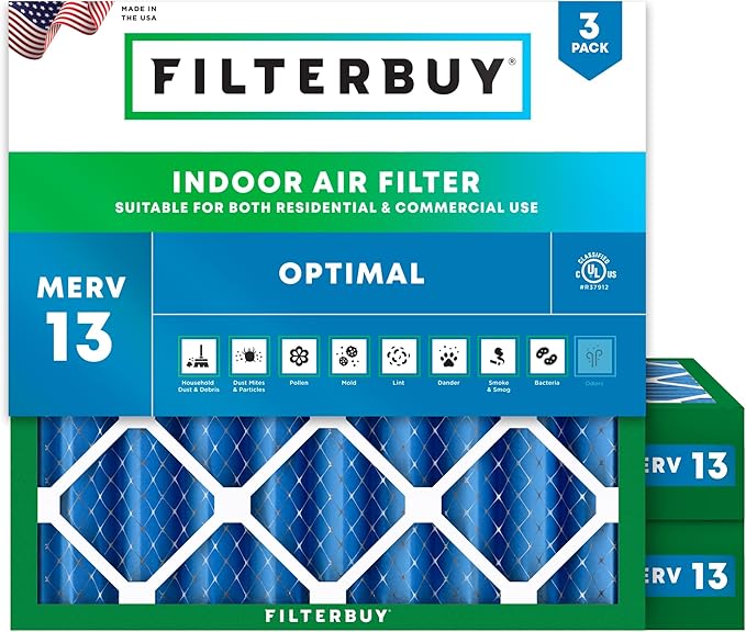 Filterbuy 24x24x4 Air Filter MERV 13 Optimal Smoke & Allergy Defense (3-Pack), Electrostatic Pleated HVAC AC Furnace Filters Replacement, Made in USA (Actual Size: 23.38 x 23.38 x 3.63)
