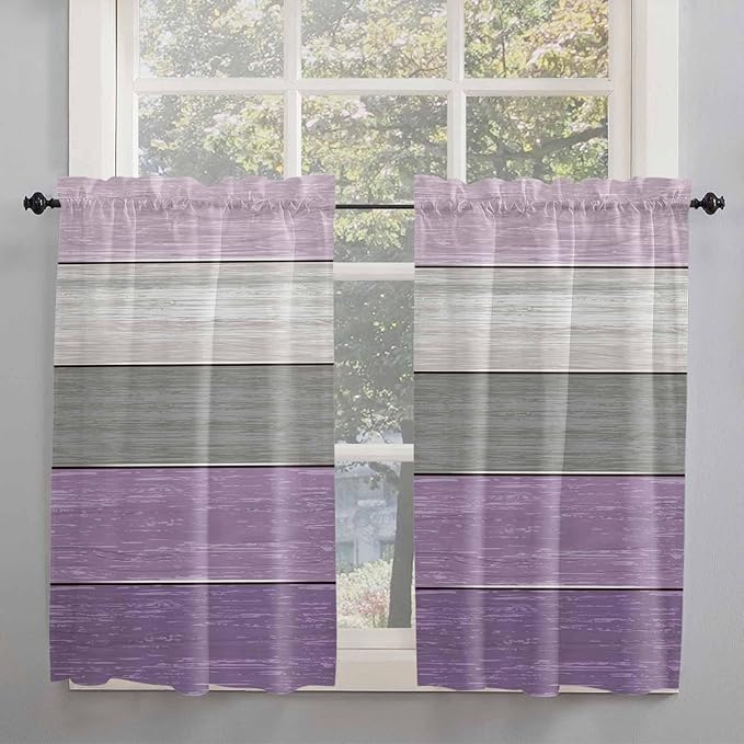 Country Wood Board Gray Purple Window Valance Curtains, Farmhouse Gradient Plank Light Filtering Kitchen Valance with 3-inch Rod Pocket for Living Room Bathroom Bedroom,2 Panel,27.5x45In